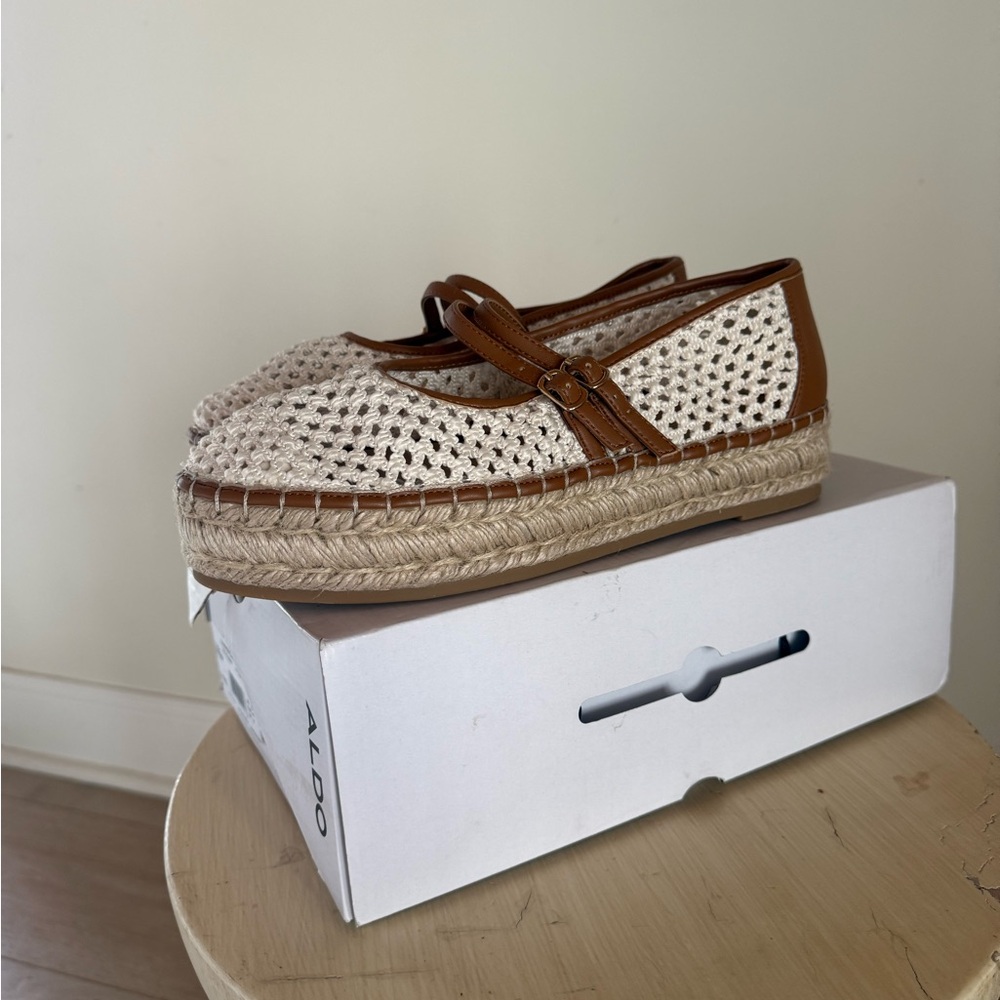 Aldo Cream and Brown Crochet Espadrille Flats